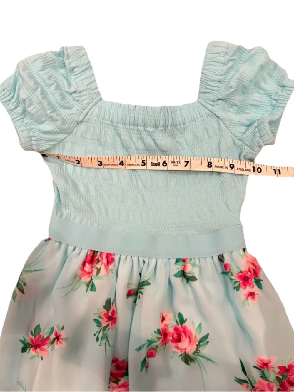 Children’s Place Aqua Pink Floral Dress Crinkle Top Elastic Girls Size 4 XS